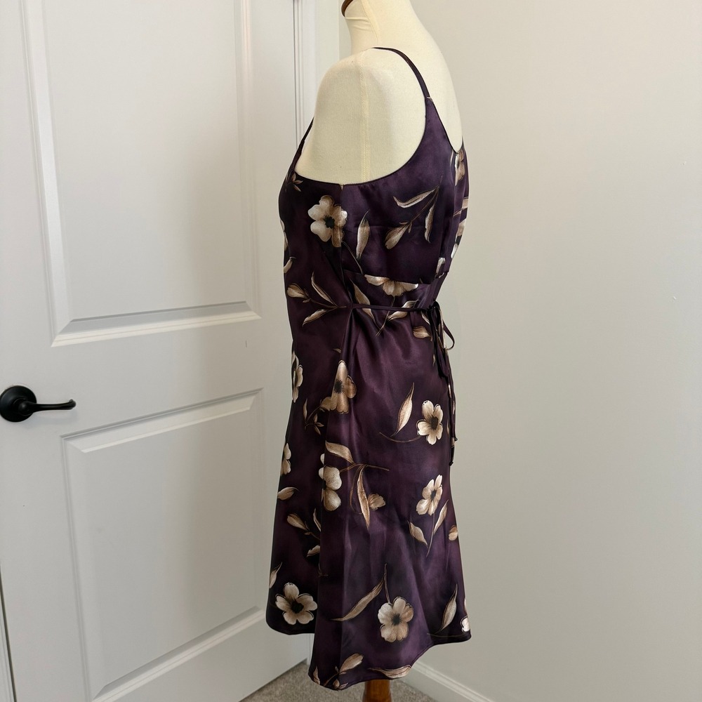 Vintage Purple Floral Satin Slip Dress Mini Faux Pearl Buttons Back Tie - Picture 3 of 12